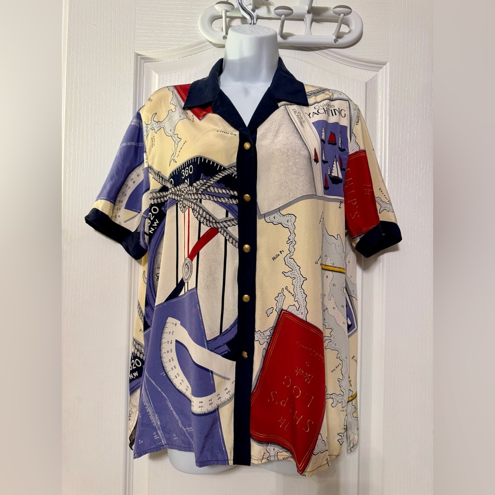 Lauren Ralph Lauren Silk Nautical Map Yachting Shirt — Medium